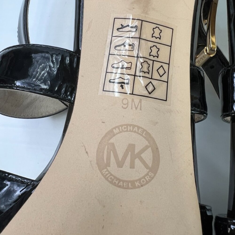 Michael Kors Heel Women 9 Leather Ankle Strap High Shiny Logo Work Party Core Go - Picture 11 of 12